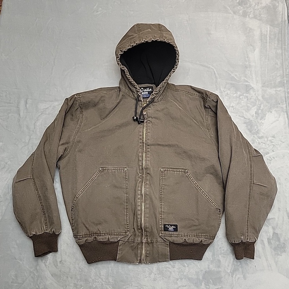 Walls Hooded Bomber Jacket Mens Large  Dark Brown Canvas Fleece Lined Workwear
